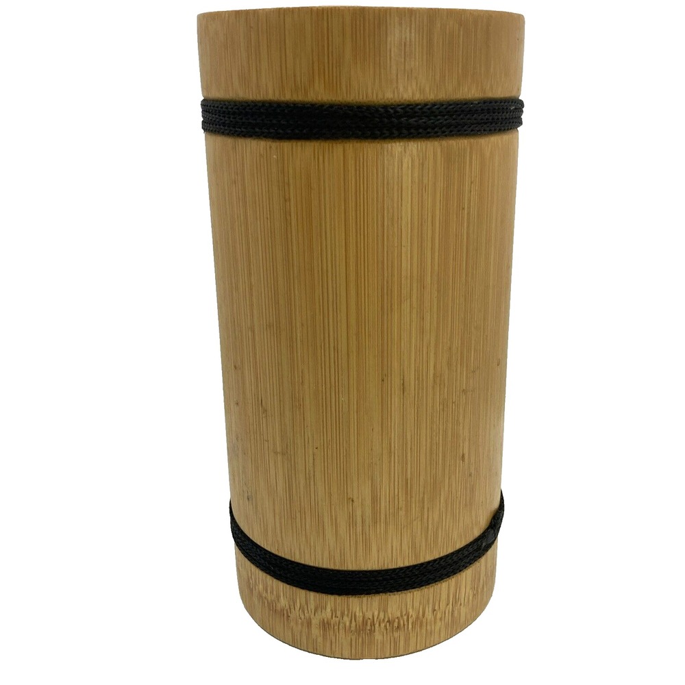 Natural Bamboo Cylinder Vase Decorative Container with Black Cord Accents 7.25in